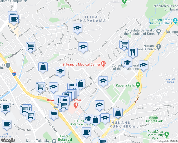 map of restaurants, bars, coffee shops, grocery stores, and more near 541 Hanana Place in Honolulu