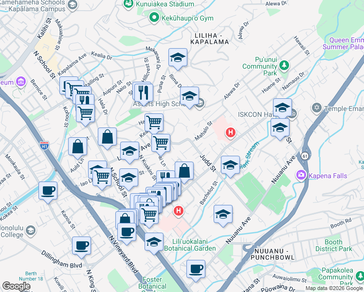 map of restaurants, bars, coffee shops, grocery stores, and more near 730 Judd Street in Honolulu