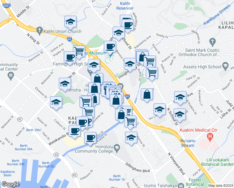 map of restaurants, bars, coffee shops, grocery stores, and more near 1239 Olomea Street in Honolulu