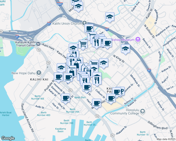 map of restaurants, bars, coffee shops, grocery stores, and more near 1801 Kaumualii Street in Honolulu