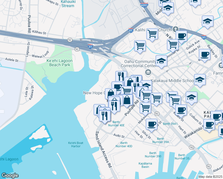 map of restaurants, bars, coffee shops, grocery stores, and more near 2282 Hoonee Place in Honolulu