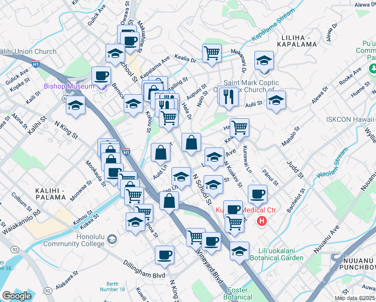 map of restaurants, bars, coffee shops, grocery stores, and more near 1002 North School Street in Honolulu