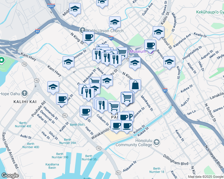 map of restaurants, bars, coffee shops, grocery stores, and more near 821 Kalihi Street in Honolulu