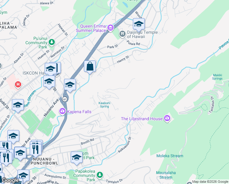 map of restaurants, bars, coffee shops, grocery stores, and more near 3215 Pacific Heights Road in Honolulu