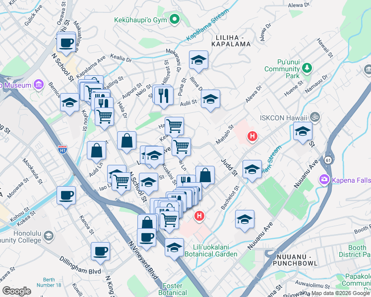 map of restaurants, bars, coffee shops, grocery stores, and more near 845 Kunawai Lane in Honolulu