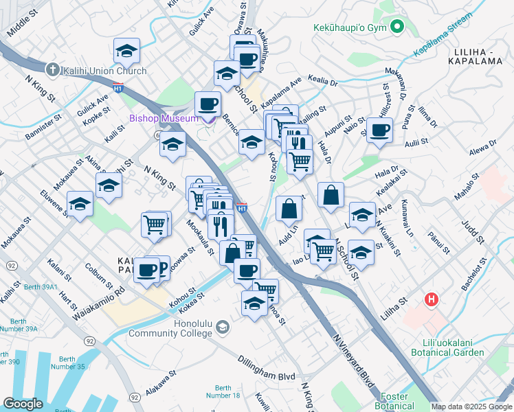 map of restaurants, bars, coffee shops, grocery stores, and more near 1221 Kaauwai Place in Honolulu