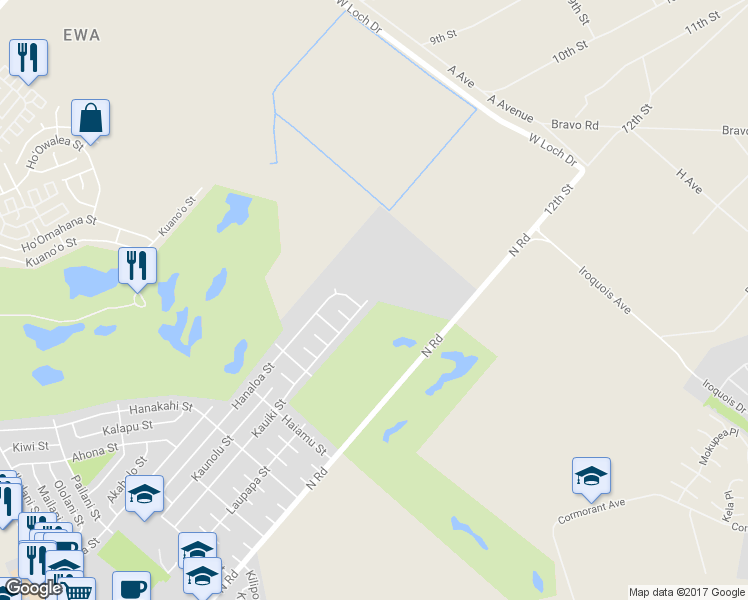 map of restaurants, bars, coffee shops, grocery stores, and more near 91-1227 Kauiki Street in Ewa Beach