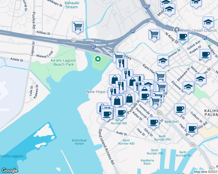 map of restaurants, bars, coffee shops, grocery stores, and more near 2282 Hoonee Place in Honolulu