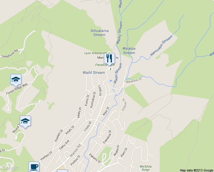 map of restaurants, bars, coffee shops, grocery stores, and more near 3645 Waaloa Place in Honolulu