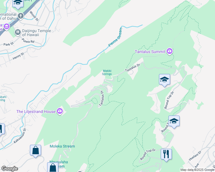 map of restaurants, bars, coffee shops, grocery stores, and more near 3657 Tantalus Drive in Honolulu