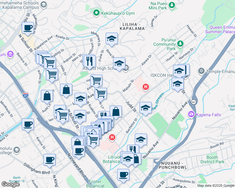 map of restaurants, bars, coffee shops, grocery stores, and more near 2104 Mahalo Street in Honolulu