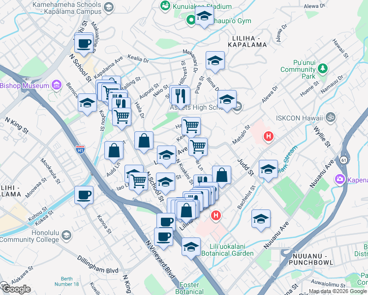 map of restaurants, bars, coffee shops, grocery stores, and more near 917 Simon Road in Honolulu
