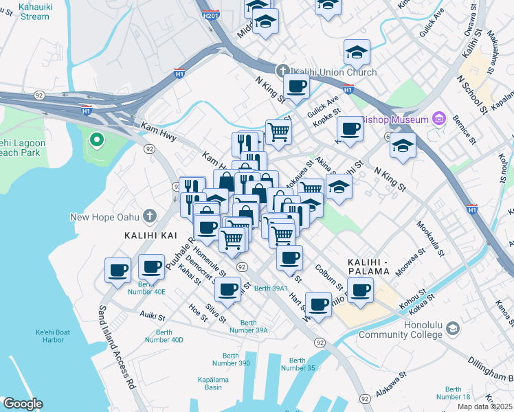 map of restaurants, bars, coffee shops, grocery stores, and more near 1933 Colburn Street in Honolulu