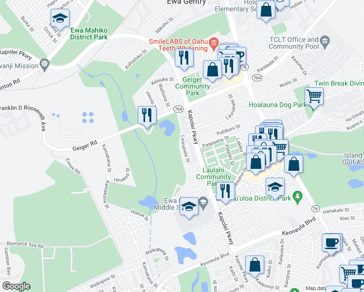 map of restaurants, bars, coffee shops, grocery stores, and more near 91-828 Launahele Street in Ewa Beach