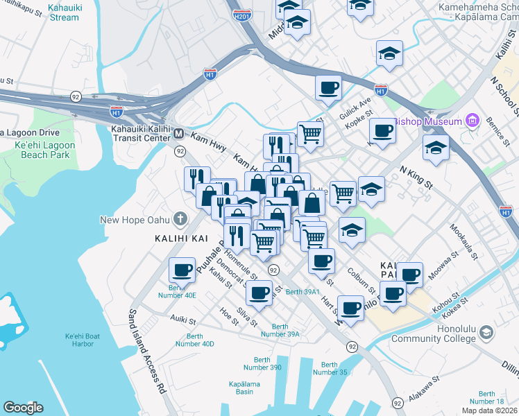 map of restaurants, bars, coffee shops, grocery stores, and more near 411 Puuhale Road in Honolulu