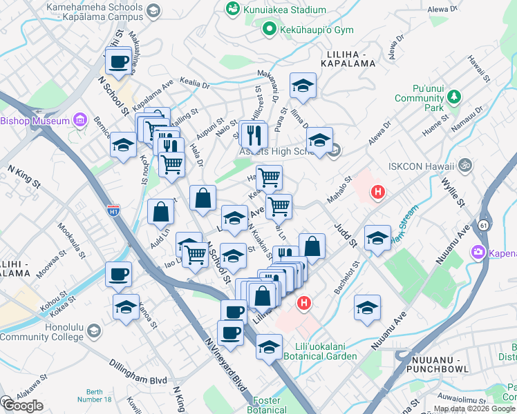 map of restaurants, bars, coffee shops, grocery stores, and more near 917 Simon Road in Honolulu
