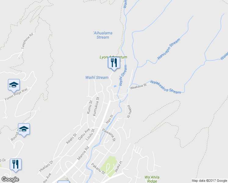 map of restaurants, bars, coffee shops, grocery stores, and more near 3645 Waaloa Place in Honolulu