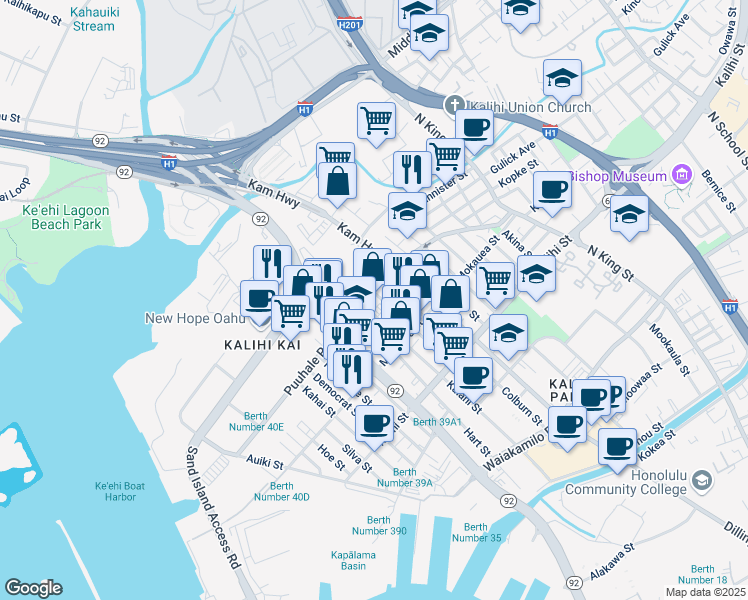 map of restaurants, bars, coffee shops, grocery stores, and more near 411 Puuhale Road in Honolulu