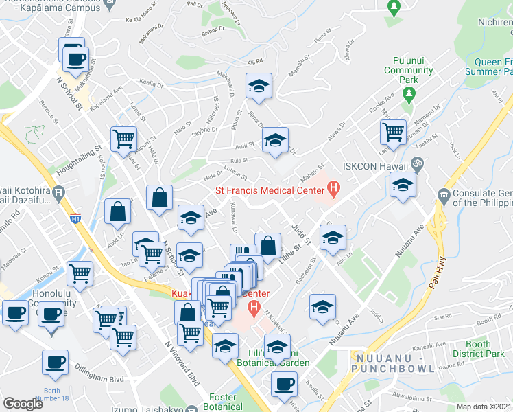 map of restaurants, bars, coffee shops, grocery stores, and more near 730 Judd Street in Honolulu