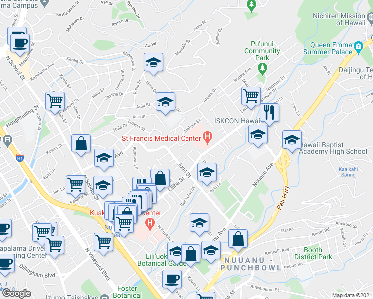 map of restaurants, bars, coffee shops, grocery stores, and more near 541 Hanana Place in Honolulu