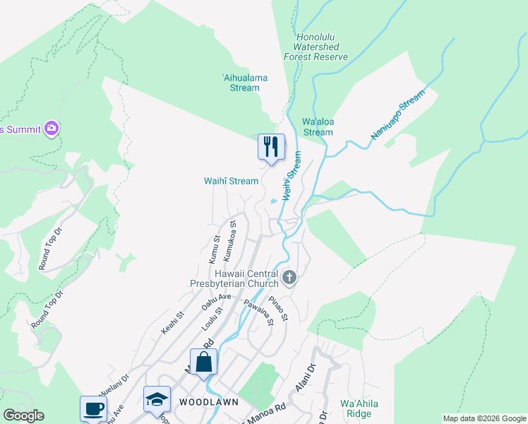 map of restaurants, bars, coffee shops, grocery stores, and more near 3650 Waaloa Place in Honolulu