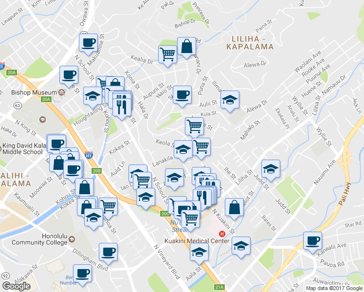 map of restaurants, bars, coffee shops, grocery stores, and more near 917 Simon Rd in Honolulu