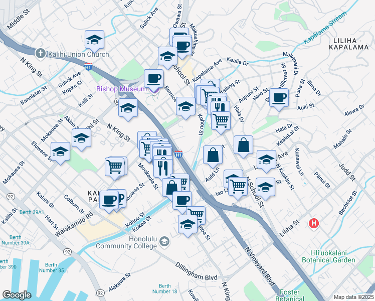 map of restaurants, bars, coffee shops, grocery stores, and more near 1220 Kaauwai Place in Honolulu