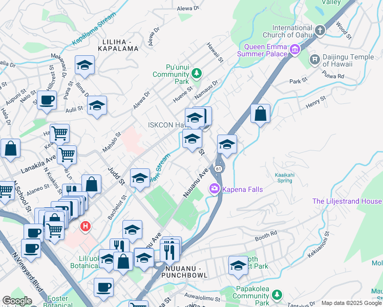map of restaurants, bars, coffee shops, grocery stores, and more near 319 Wyllie Street in Honolulu
