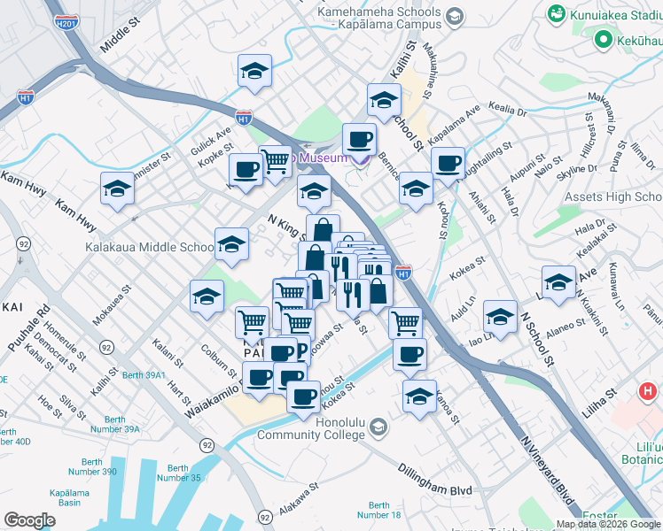 map of restaurants, bars, coffee shops, grocery stores, and more near 1427 North King Street in Honolulu