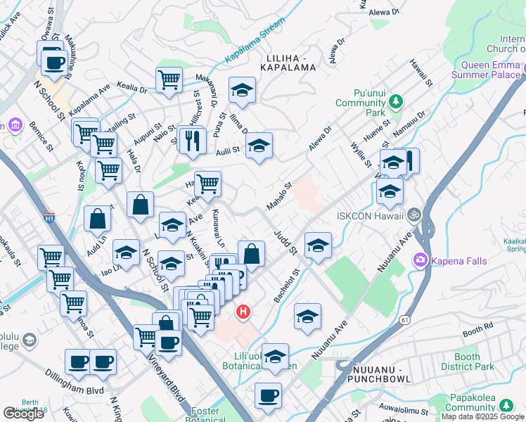 map of restaurants, bars, coffee shops, grocery stores, and more near 2104 Mahalo Street in Honolulu