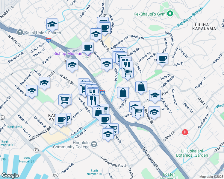 map of restaurants, bars, coffee shops, grocery stores, and more near 1221 Kaauwai Place in Honolulu