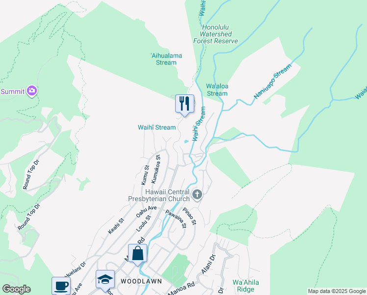 map of restaurants, bars, coffee shops, grocery stores, and more near 3645 Waaloa Place in Honolulu
