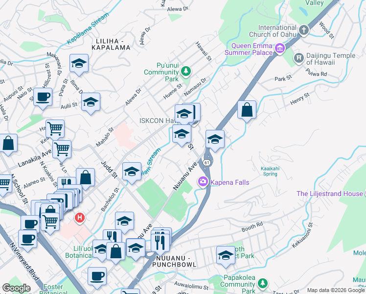 map of restaurants, bars, coffee shops, grocery stores, and more near 319 Wyllie Street in Honolulu