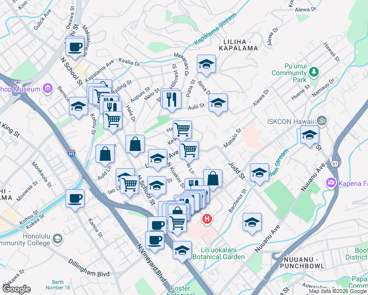 map of restaurants, bars, coffee shops, grocery stores, and more near 845 Kunawai Lane in Honolulu