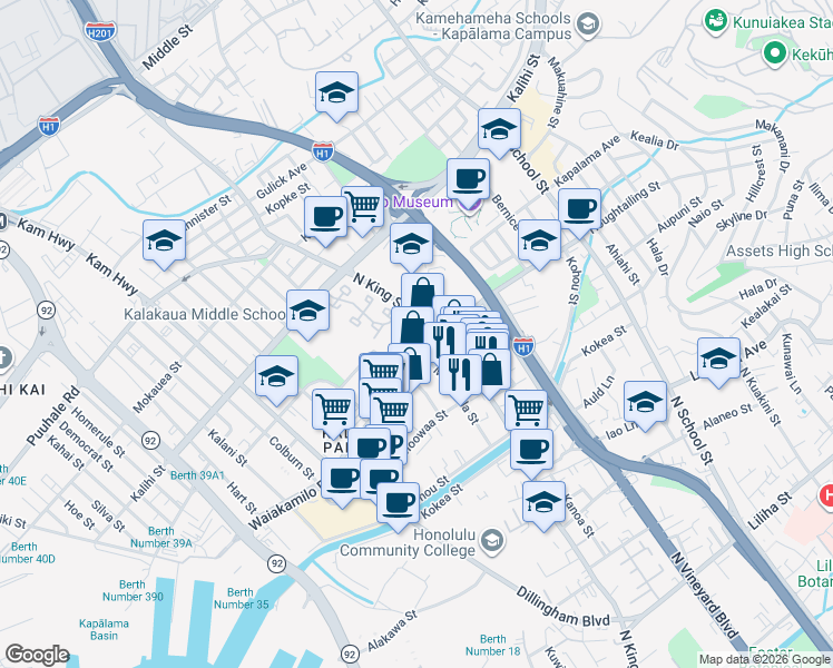 map of restaurants, bars, coffee shops, grocery stores, and more near in Honolulu