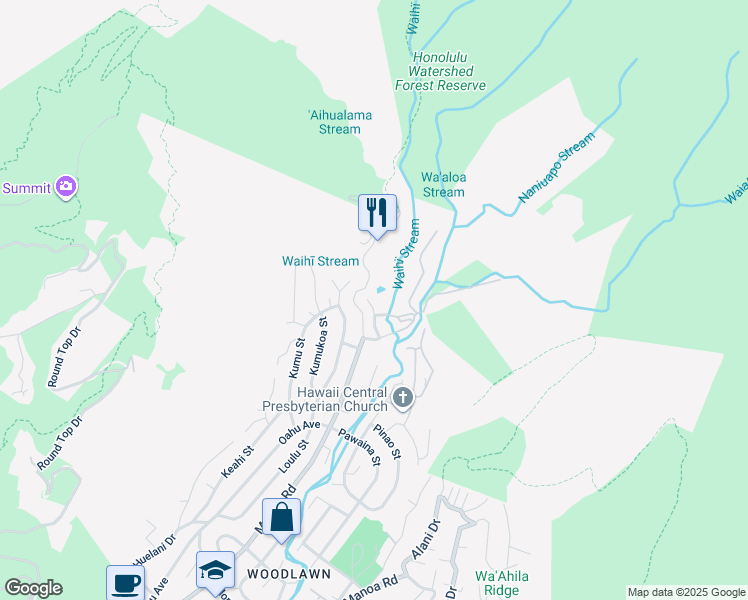 map of restaurants, bars, coffee shops, grocery stores, and more near 3645 Waaloa Place in Honolulu