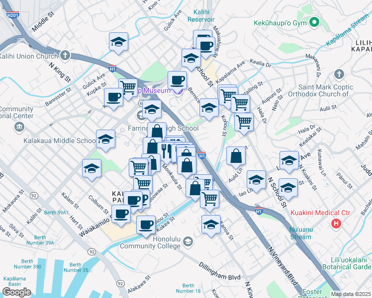map of restaurants, bars, coffee shops, grocery stores, and more near 1370 North King Street in Honolulu