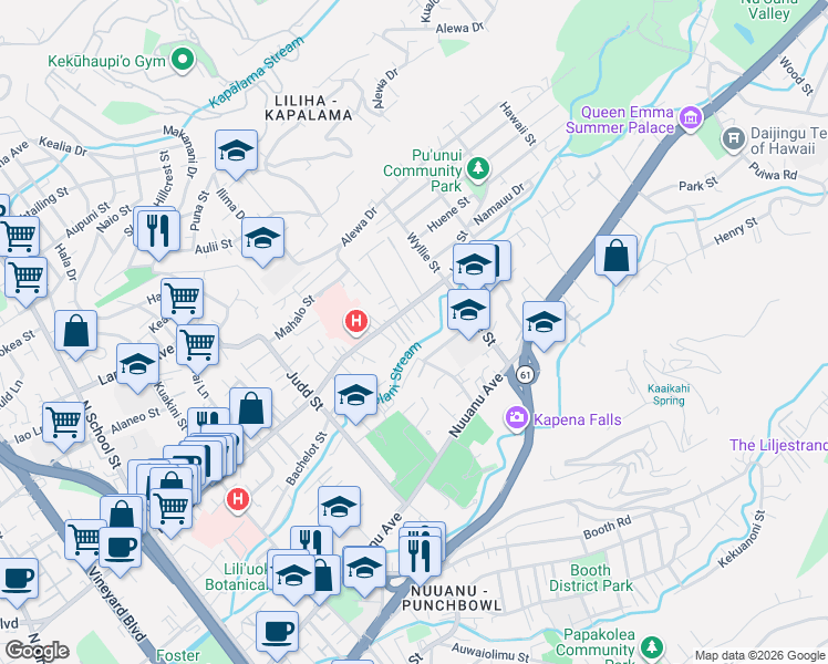 map of restaurants, bars, coffee shops, grocery stores, and more near 92 Kawananakoa Place in Honolulu