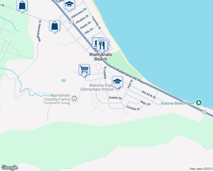map of restaurants, bars, coffee shops, grocery stores, and more near 41-297 Nakini Street in Waimanalo