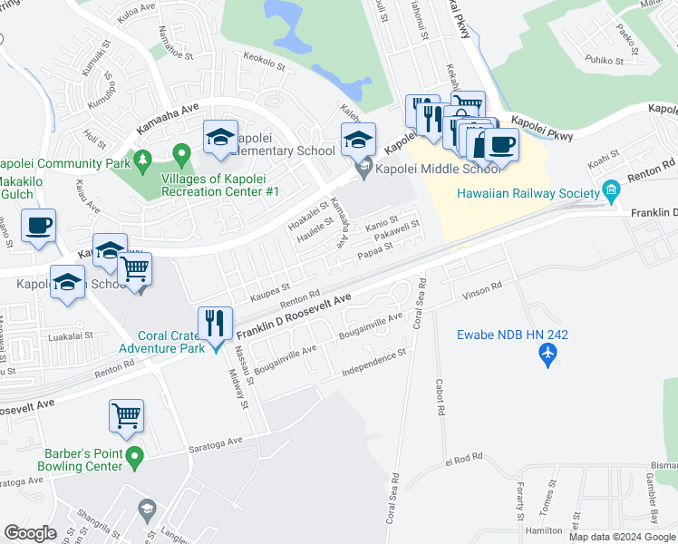 map of restaurants, bars, coffee shops, grocery stores, and more near 91-1013 Papaa Street in Kapolei