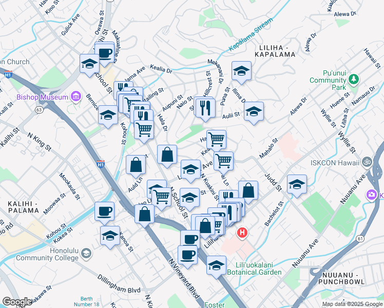 map of restaurants, bars, coffee shops, grocery stores, and more near 1700 Lanakila Avenue in Honolulu