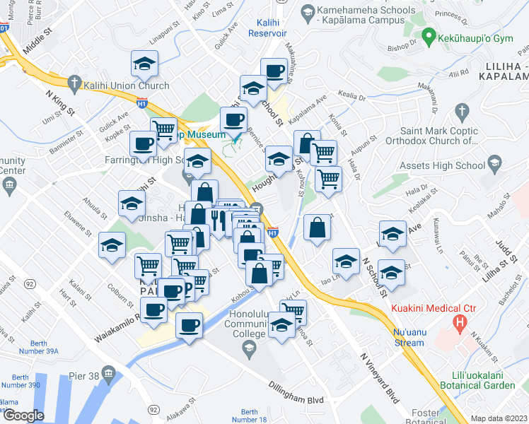 map of restaurants, bars, coffee shops, grocery stores, and more near 1221 Makalapua Place in Honolulu