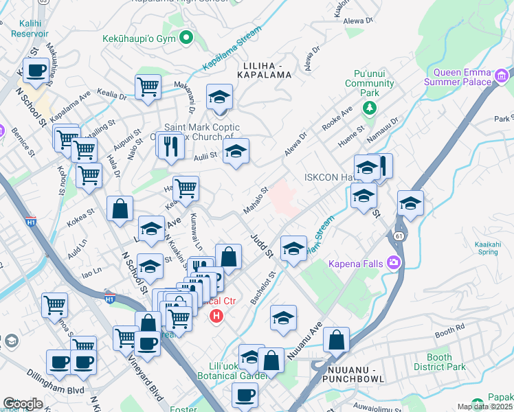 map of restaurants, bars, coffee shops, grocery stores, and more near 2139 Mahalo Street in Honolulu