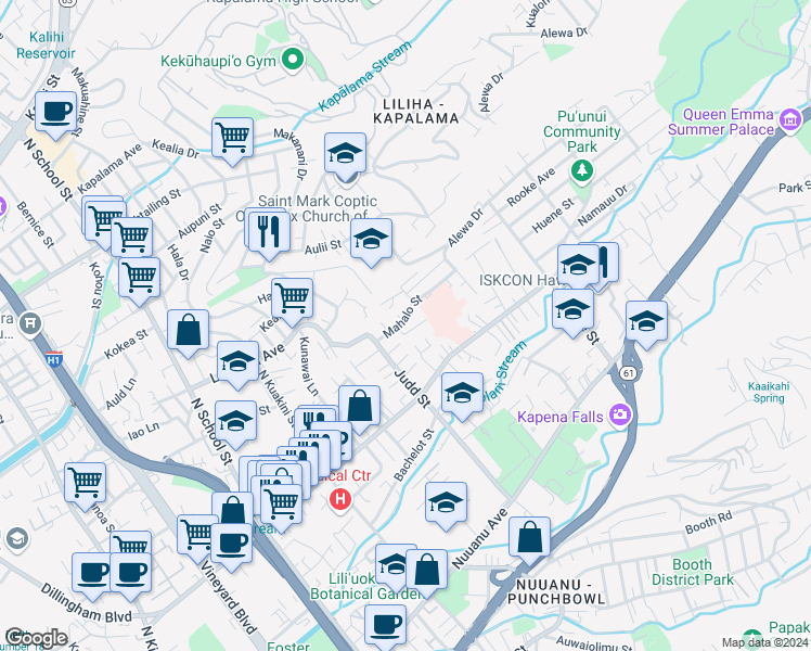 map of restaurants, bars, coffee shops, grocery stores, and more near 541 Hanana Place in Honolulu
