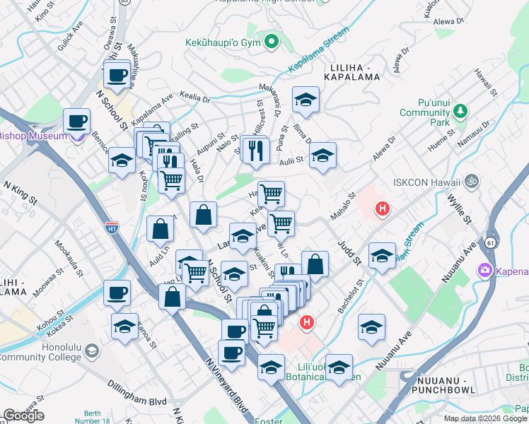map of restaurants, bars, coffee shops, grocery stores, and more near 917 Simon Road in Honolulu