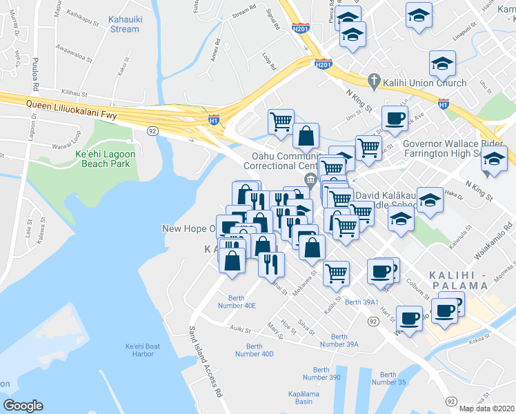 map of restaurants, bars, coffee shops, grocery stores, and more near 330 Sand Island Access Road in Honolulu
