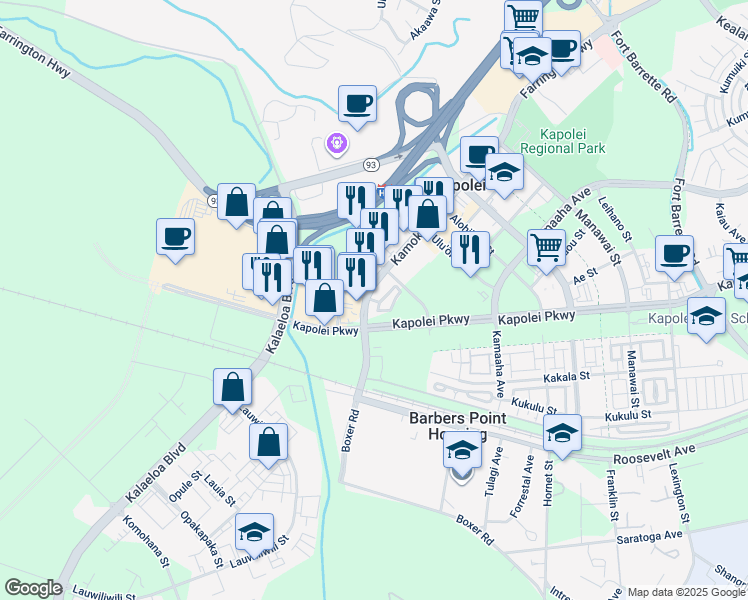 map of restaurants, bars, coffee shops, grocery stores, and more near 401 Kamokila Boulevard in Kapolei