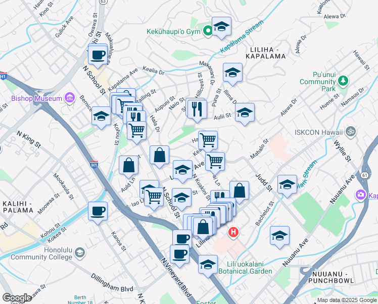 map of restaurants, bars, coffee shops, grocery stores, and more near 917 Simon Road in Honolulu