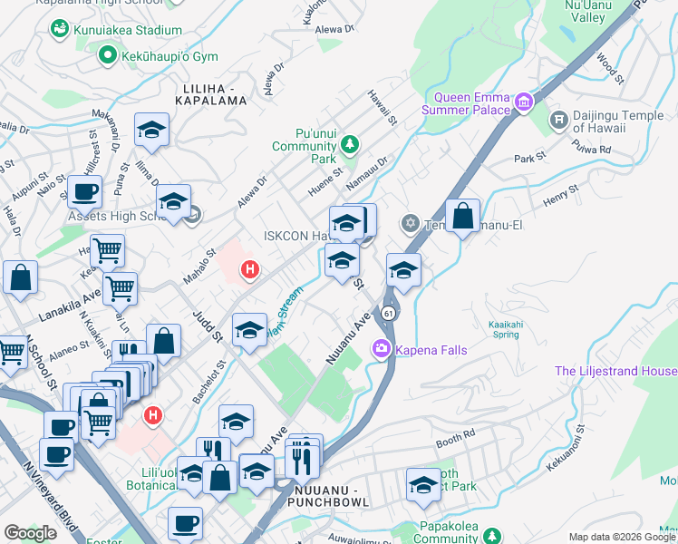 map of restaurants, bars, coffee shops, grocery stores, and more near 319 Wyllie Street in Honolulu