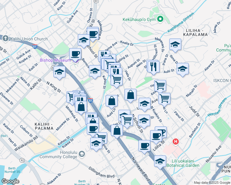 map of restaurants, bars, coffee shops, grocery stores, and more near 1026 Lowell Place in Honolulu